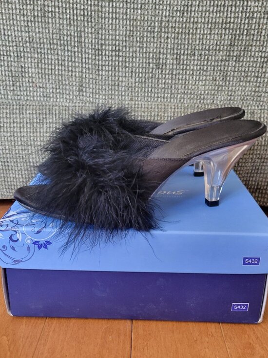 Pleaser Shoes - Pleaser Fabulicious Belle-301F Black Satin Marabou Fur Clear Heel Sandals Size 9